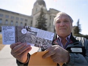 Garry Dixon, president of PARCS, holds up some sample postcards that were presented to the provincial government on Monday, March 20, 2017.