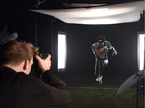 The Saskatchewan Roughriders' Chad Owens takes part in a photoshoot during CFL Week.