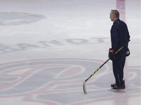 Head coach John Paddock, shown at practice last week, and the Regina Pats are in Calgary for Tuesday's Game 3 of a best-of-seven WHL Eastern Conference quarter-final.