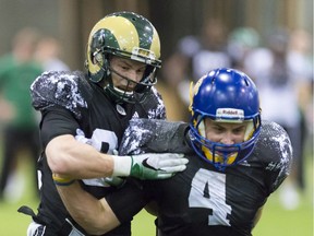 University of Regina Rams receiver Mitchell Picton, left, participates in a special teams drill at the CFL national combine Saturday in Regina.