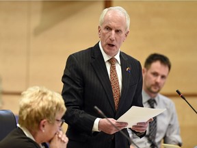 Coun. Bob Hawkins speaks during a special emergency meeting at Regina City Hall in March, about the shortfall in revenue from the province shortly after budget cuts impacting Regina were unveiled in the provincial budget.