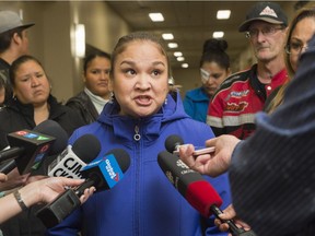 REGINA, SASK : March 30, 2017 - Delores Stevenson, aunt of Nadine Machiskinic, speaks to media at the Queensbury Centre. A death inquest concluded today into Machiskinic, 29, who was found injured at the bottom of a laundry chute at the Delta Hotel on Jan. 10, 2015 and died in hospital several hours later. MICHAEL BELL / Regina Leader-Post.