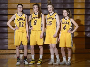 LeBoldus Golden Suns junior girls basketball players, left, to right, Jade Belmore, Hannah Jennings, Maren Tunison and Callum Kraft have been teammates since Grade 4.