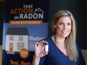 Jill Hubick, certified respiratory educator with the Lung Association of Saskatchewan, holds a radon test kit which is sold by the Lung Association. Every year, 3,200 Canadians die of radon-induced lung cancer.