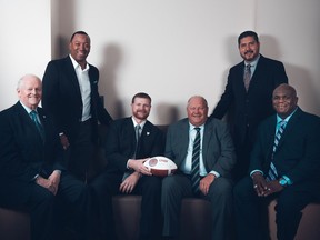 The Canadian Football Hall of Fame Class of 2017. From left to right, Stan Schwartz, Geroy Simon, Mike O'Shea, Brian Towriss, Anthony Calvillo and Kelvin Anderson. Photo: Johany Jutras