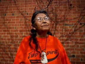 Ma-Nee Chacaby, an Ojibwa-Cree elder from Thunder Bay, Ont., poses for a portrait in Toronto on Friday, April 28, 2017. Chacaby says coming out nearly 30 years ago was like unzipping her skin so she could reveal her true self. Prior to 1988, Chacaby said she was bullied and injured for identifying as two-spirit -- a term she uses to describe carrying both a female and male in her body at the same time. THE CANADIAN PRESS/Cole Burston