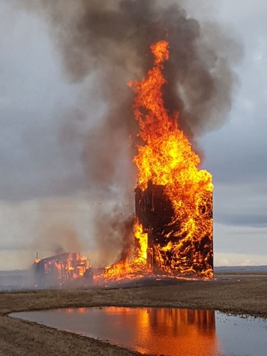 A grain elevator between Elrose and Rosetown in west-central Saskatchewan was burned to the ground April 4, 2017. The owner was unable to find a museum or any other entity to take it on and the building was becoming dangerous. Photos courtesy Stuart Lawrence.