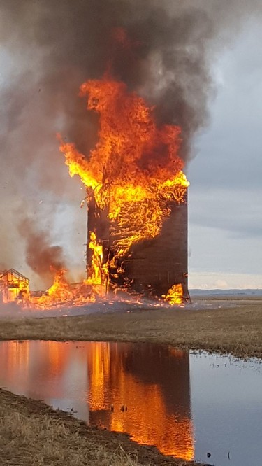 A grain elevator between Elrose and Rosetown in west-central Saskatchewan was burned to the ground April 4, 2017. The owner was unable to find a museum or any other entity to take it on and the building was becoming dangerous. Photos courtesy Stuart Lawrence.