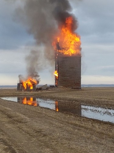 A grain elevator between Elrose and Rosetown in west-central Saskatchewan was burned to the ground April 4, 2017. The owner was unable to find a museum or any other entity to take it on and the building was becoming dangerous. Photos courtesy Stuart Lawrence.