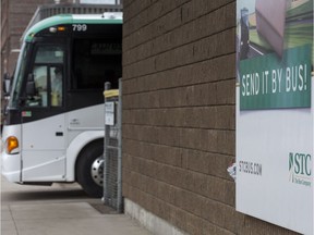 A Saskatchewan Transportation Company bus departs the depot in Saskatoon on March 28, 2017.