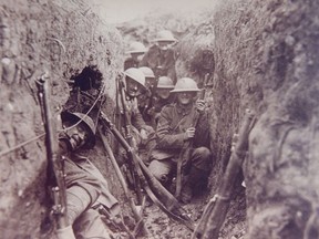 Canadian soldiers, possibly PPCLI members, in the trenches near Vimy Ridge, 1917