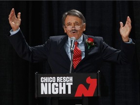 Glenn (Chico) Resch, who was part of the New Jersey Devils' television broadcast team for 18 years, is shown while being honoured by the NHL team in 2014. Resch will also be front and centre Wednesday at the Saskatchewan Sports Hall of Fame.