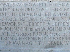 The name of Frank Jebbett, a soldier from Venn, Sask., is inscribed on the memorial at Vimy Ridge. Jebbett was not killed at Vimy, but in the battle of Arleux on April 28, 1917, at the age of 22.