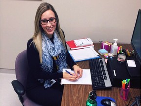 Kim Zorn sits in her office in London, Ont., where she's completing her pre-doctoral residency in psychology. She is a Ph.D. candidate at the University of Regina and completed a study of criminal harassment among Regina women for her thesis. (Photo courtesy of Kim Zorn)