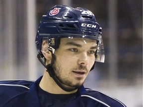 Lethbridge Hurricanes defenceman Brady Pouteau takes part in an afternoon practice Monday at the Enmax Centre. He's facing his former team, the Regina Pats, in the WHL's Eastern Conference final.