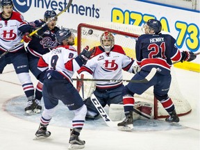 Lethbridge Hurricanes goaltender Stuart Skinner keeps his eyes on the puck during Game 6 of the WHL's Eastern Conference final against the Regina Pats on Sunday at the Enmax Centre.