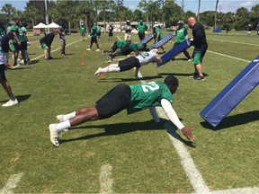 Tobi Antigha went all out during a special-teams drill en route to being Murray's Monster on defence at the Riders' mini-camp on Wednesday.