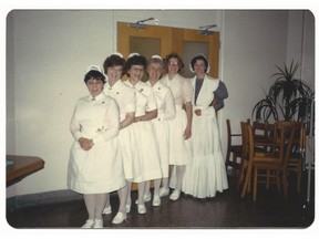 Nursing students modeling uniforms in 1985. Supplied by Sask Polytech