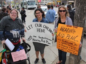 Protesters supporting the Hearing Aid Plan in Saskatoon on April 7, 2017.