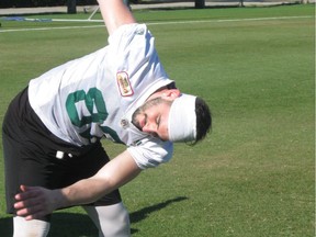 Receiver Mitchell Baines stretches iout during the Saskatchewan Roughriders' mini-camp last week in Vero Beach, Fla.