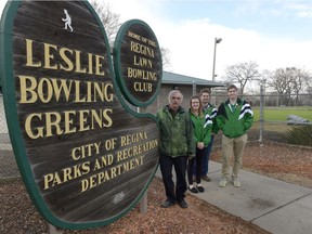 Doug Normand, 1st vice-president of the Regina Lawn Bowling Club, and other members pose at the Leslie Bowling Greens. MICHAEL BELL / Regina Leader-Post.