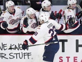 Regina Pats centre Sam Steel celebrates a goal against the Swift Current Broncos in Game 5 of their best-of-seven series on Friday night at the Brandt Centre. TROY FLEECE / Regina Leader-Post