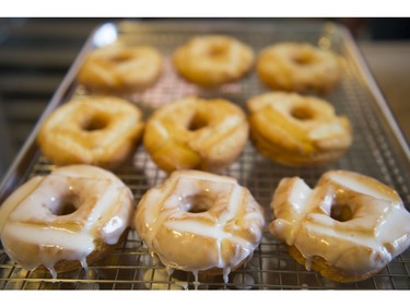 Vanilla-glazed cake donuts.