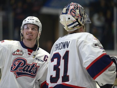 Regina Pats forward Adam Brooks grins as he looks up at the end of the seventh game of the series at the Brandt Centre. The Pats won 5-1.