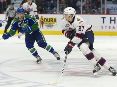 Regina Pats forward Austin Wagner brings up the puck during the seventh game of the series at the Brandt Centre.