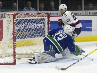Filip Ahl of the Regina Pats beats Swift Current Broncos goaltender Jordan Papirny in the first period at the Brandt Centre on Monday. Regina prevailed 5-1 to win the second-round WHL playoff series in seven games. MICHAEL BELL / Regina Leader-Post.