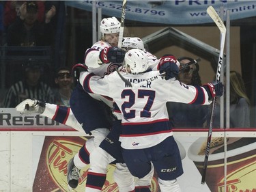 Regina Pats forward Filip Ahl celebrates his breakaway goal during the seventh game of the series at the Brandt Centre.