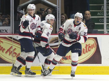 Regina Pats forward Sam Steel #23 celebrates his goal against the Swift Current Broncos during the seventh game of the series at the Brandt Centre. The Pats won 5-1.