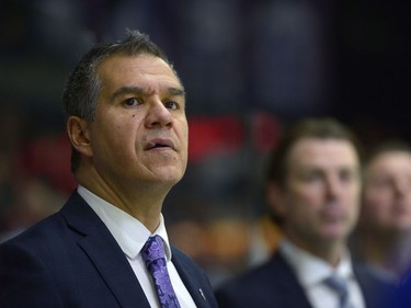 Swift Current Broncos coach Manny Viveiros during the end of the seventh game of the series at the Brandt Centre. The Pats won 5-1.