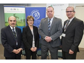 Dino Sophocleous, from left, president and CEO of the Hospitals of Regina Foundation, Sharon Garratt, vice-president of Integrated Health Services with the Regina Qu'Appelle Health Region, John Salmond, president and CEO of GMS, and Keith Dewar, CEO of the Regina Qu'Appelle Health Region at a news conference held Wednesday to announce that GMS pledges $1-million match in support of the Hospitals of Regina Foundation's new Trauma Care Campaign.