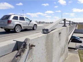 A vehicle travels southbound on the Ring Road at the Victoria Avenue overpass. The southbound lane will be closed starting April 27 to replace the bridge, which is expected to take five months.