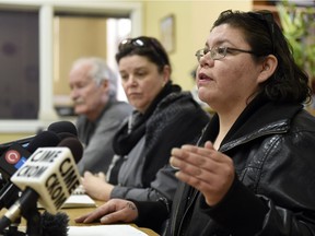Richelle Dubois  speaks at a press conference at the Heritage Community  Association in Regina.  Dubois found her son Haven dead in a ravine blocks from his home in Glencairn and is looking for more answers.
