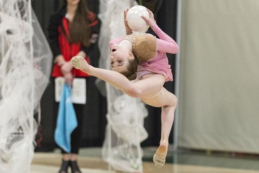 A competitor taking part in the 2017 Western Rhythmic Gymnastics Championships at the University of Regina.  The event runs until Sunday.