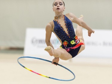 A competitor taking part in the 2017 Western Rhythmic Gymnastics Championships at the University of Regina.  The event runs until Sunday.