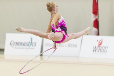 A competitor taking part in the 2017 Western Rhythmic Gymnastics Championships at the University of Regina.  The event runs until Sunday.