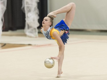 A competitor taking part in the 2017 Western Rhythmic Gymnastics Championships at the University of Regina.  The event runs until Sunday.