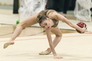 A competitor taking part in the 2017 Western Rhythmic Gymnastics Championships at the University of Regina.  The event runs until Sunday.