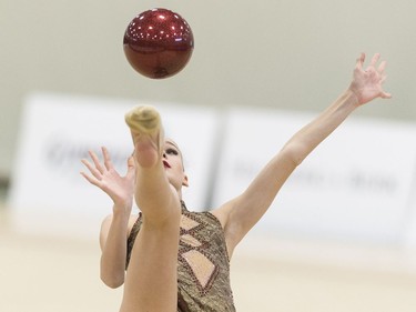 A competitor taking part in the 2017 Western Rhythmic Gymnastics Championships at the University of Regina.  The event runs until Sunday.