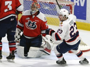 Sam Steel of the Regina Pats celebrates after setting up a goal in Game 5 of the Eastern Conference final against the Lethbridge Hurricanes.