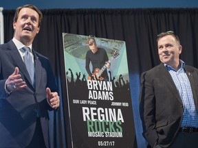 Mayor Michael Fougere, left, and Mark Allen CEO Evraz Place announce the second test event for New Mosaic Stadium in Regina.  A concert headlining Bryan Adams with guests Our Lady Peace and Johnny Reid will be held on Saturday, May 27, 2017.