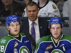 REGINA, SASK : April 6, 2017 - Swift Current Broncos head coach Manny Viveiros appears displeased during a playoff game against the Regina Pats at the Brandt Centre. MICHAEL BELL / Regina Leader-Post.