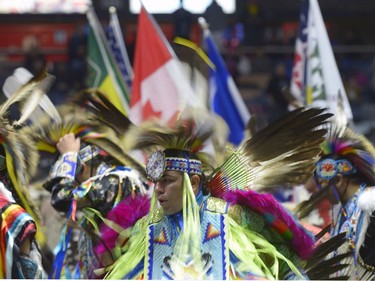 REGINA, SASK : April 9, 2017 - A man participates in the grand entry at the First Nations University of Canada spring powwow at the Brandt Centre. MICHAEL BELL / Regina Leader-Post.