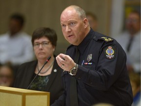 Police Chief Evan Bray addresses city council in this file photo. He was back again Monday to sell councillors on the 2019 police budget.