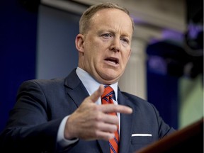 White House press secretary Sean Spicer talks to the media during the daily press briefing at the White House in Washington, Tuesday, April 11, 2017. Spicer discussed Syria, Trump's 2016 tax returns, the Easter Egg Roll and other topics.