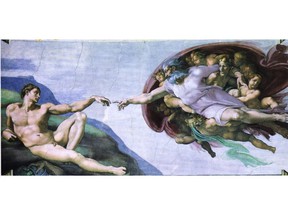 The Creation of Adam (portion of the ceiling in the Sistine Chapel in Rome) by Michelangelo, 1502-12. Fresco From book History of Art by H.W Janson.