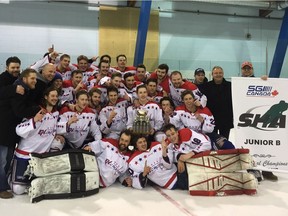 The Extreme Hockey Regina Capitals celebrate their Prairie Junior Hockey League title Sunday at the Al Ritchie Memorial Centre.